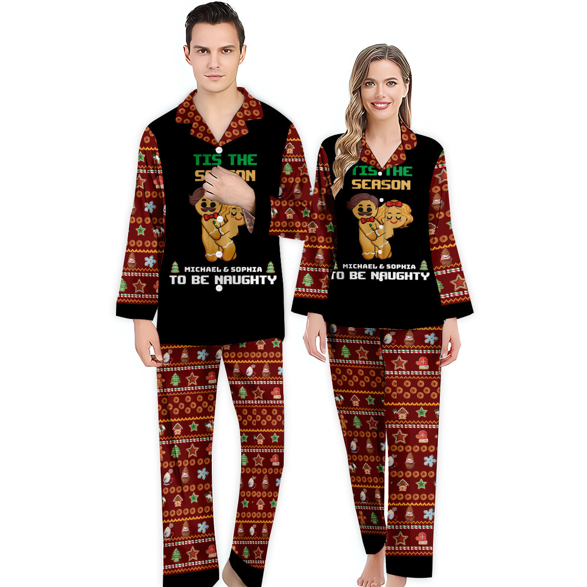 Tis The Season To Be Naughty - Personalized Couple Button Down Pajamas