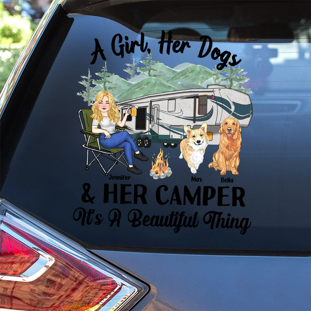 A Girl Her Dog And Her Camper - Personalized Camping Decal Full