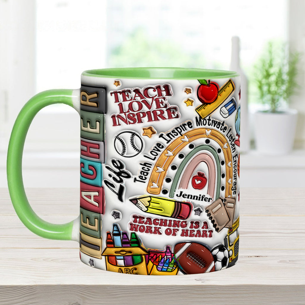 Lehren, Lieben, Inspirieren – Personalisierte Tasse mit Lehrermotiv