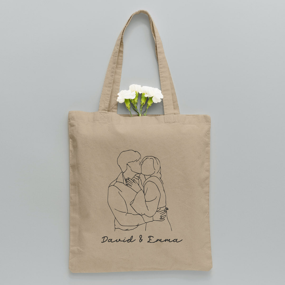 Custom Photo Line Art - Personalized Couple Embroidered Tote Bag