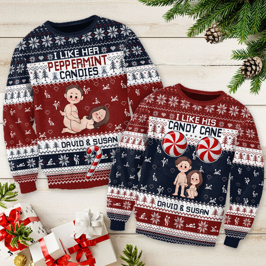 I Like Her Peppermint Candies His Candy Cane - Personalized Couple Ugly Sweater