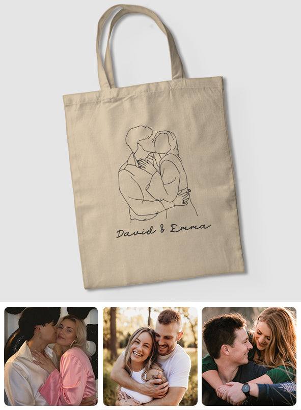 Custom Photo Line Art - Personalized Couple Embroidered Tote Bag