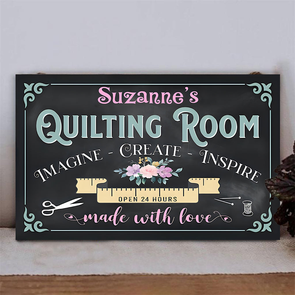 Quiltzimmer – Personalisiertes rechteckiges Holzschild zum Thema Quilten