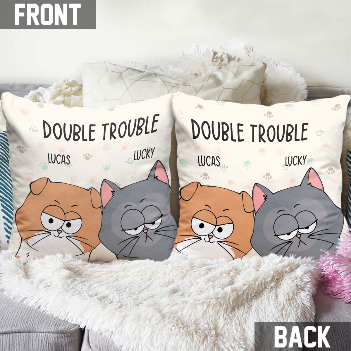 Coussin décoratif personnalisé Double Trouble pour chat