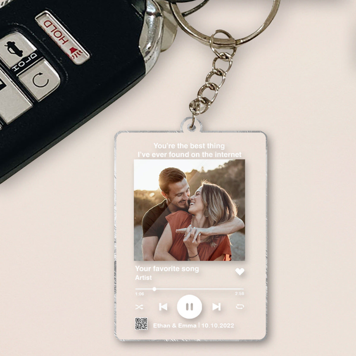 Custom Photo And Favorite Song Scannable QR Code - Personalized Husband And Wife Transparent Keychain