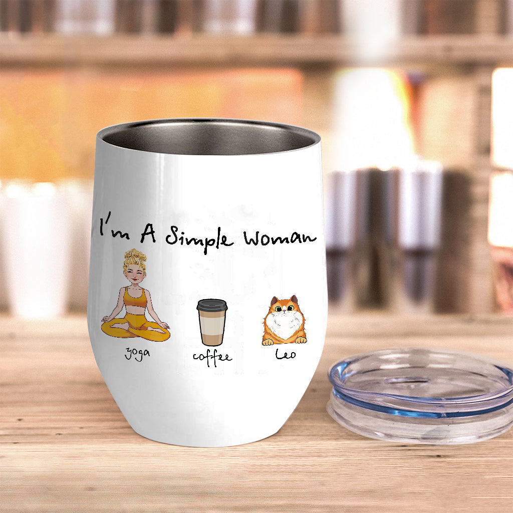 Ich bin eine einfache Frau – Yoga-Geschenk für Hunde- und Katzenliebhaber – Personalisierter Weinbecher