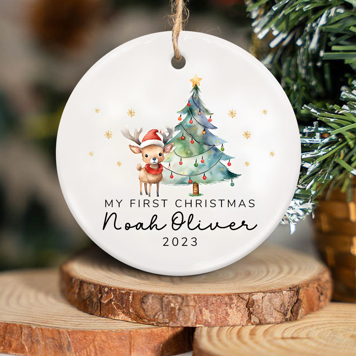 Premier Noël de bébé - Ornement rond en céramique personnalisé pour enfant