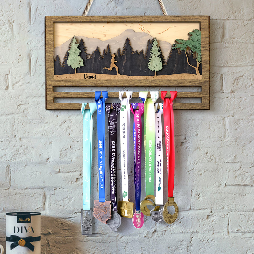 Présentoir à médailles - Panneau/plaque en bois personnalisé à 2 couches pour la course à pied