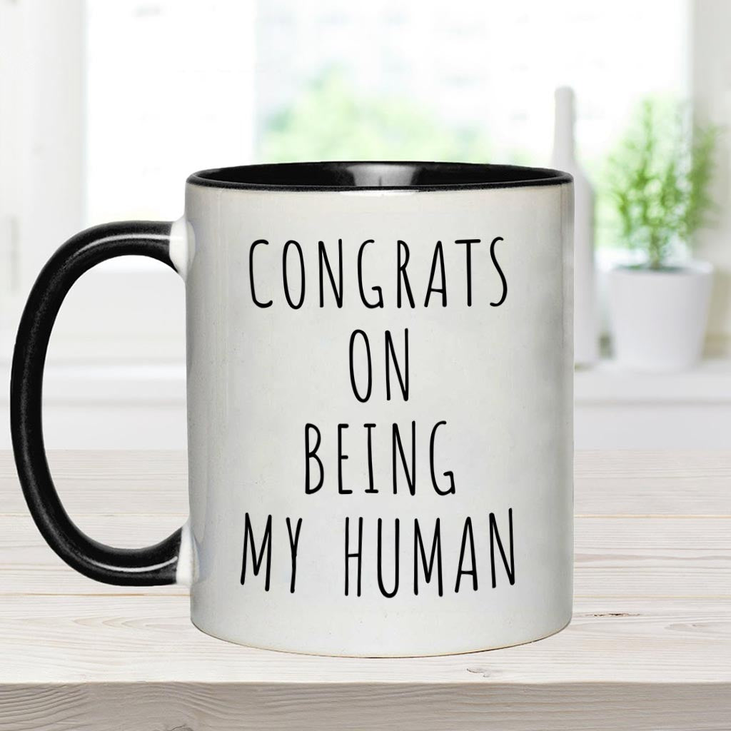 Glückwunsch, dass du mein Mensch bist – personalisierte Tasse mit Hundemotiv