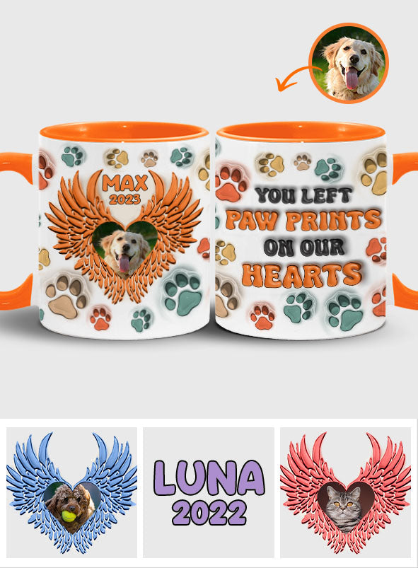 Du hast Pfotenabdrücke auf unseren Herzen hinterlassen, Engelsflügel – Geschenk für Hundeliebhaber, Trauernde nach einem Hunde- oder Katzenverlust – Personalisierte Tasse