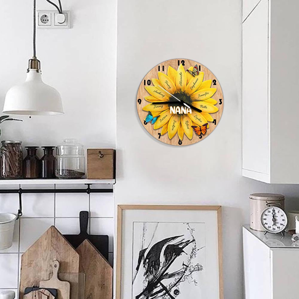 Horloge murale personnalisée « Grand-mère et petits-enfants tournesol »