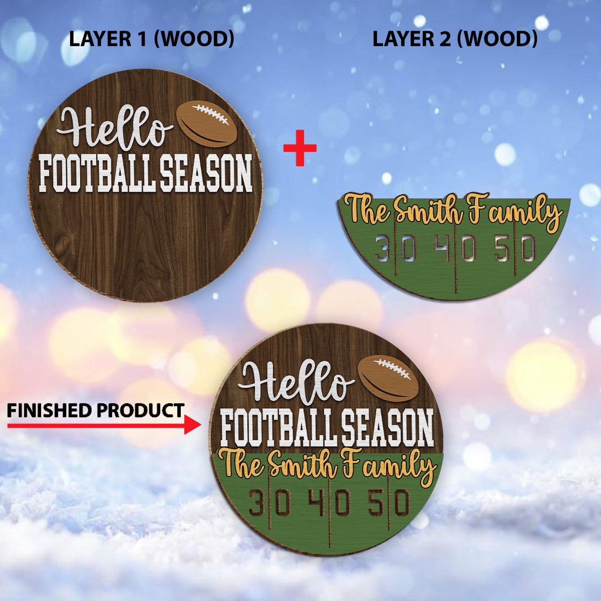 Hallo Fußballsaison – Personalisiertes zweilagiges Holzschild mit Fußballmotiv / Holzplakette