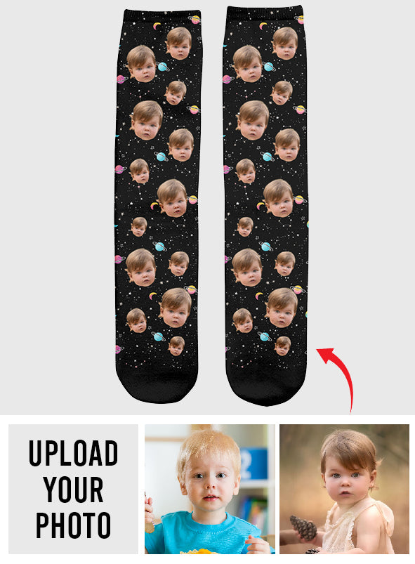 Chaussettes personnalisées pour petite-fille - Visage personnalisé Galaxie
