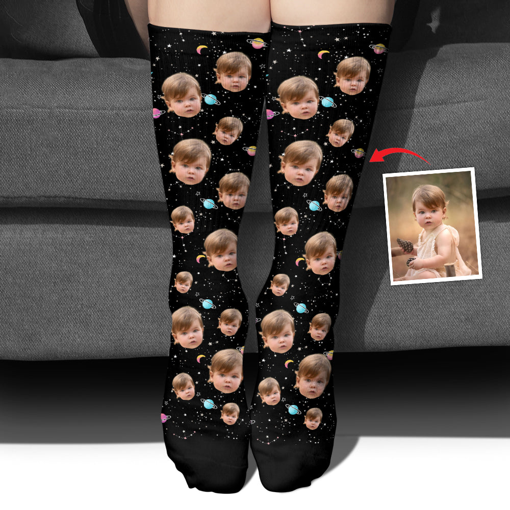 Chaussettes personnalisées pour petite-fille - Visage personnalisé Galaxie