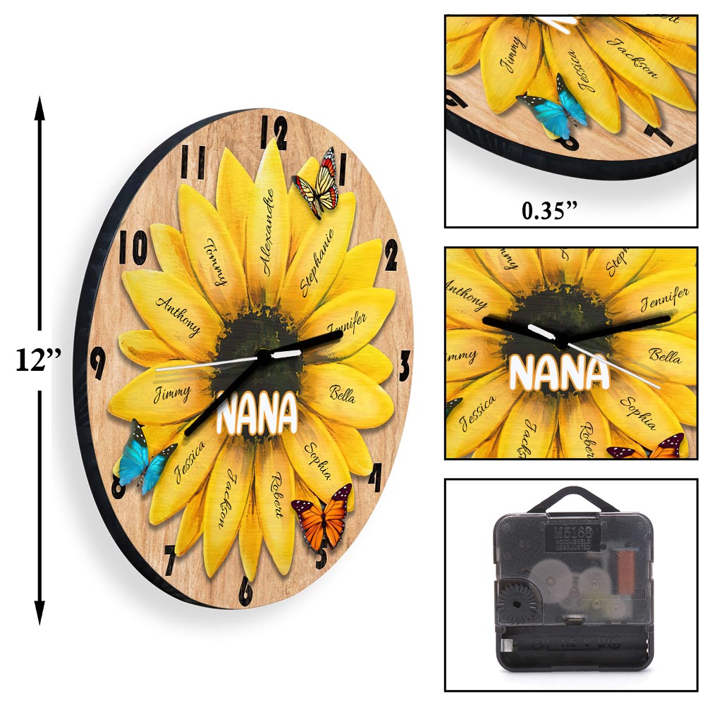 Horloge murale personnalisée « Grand-mère et petits-enfants tournesol »