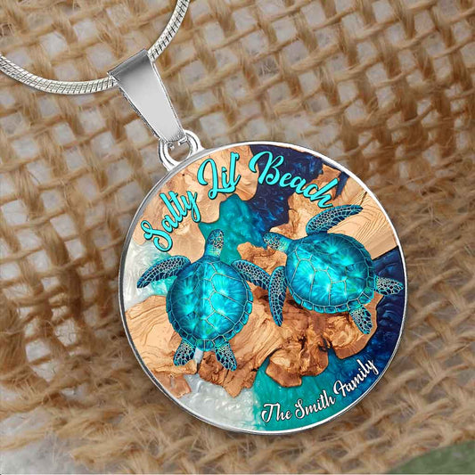 Salty Lil' Beach - Personalized Turtle Round Pendant Necklace