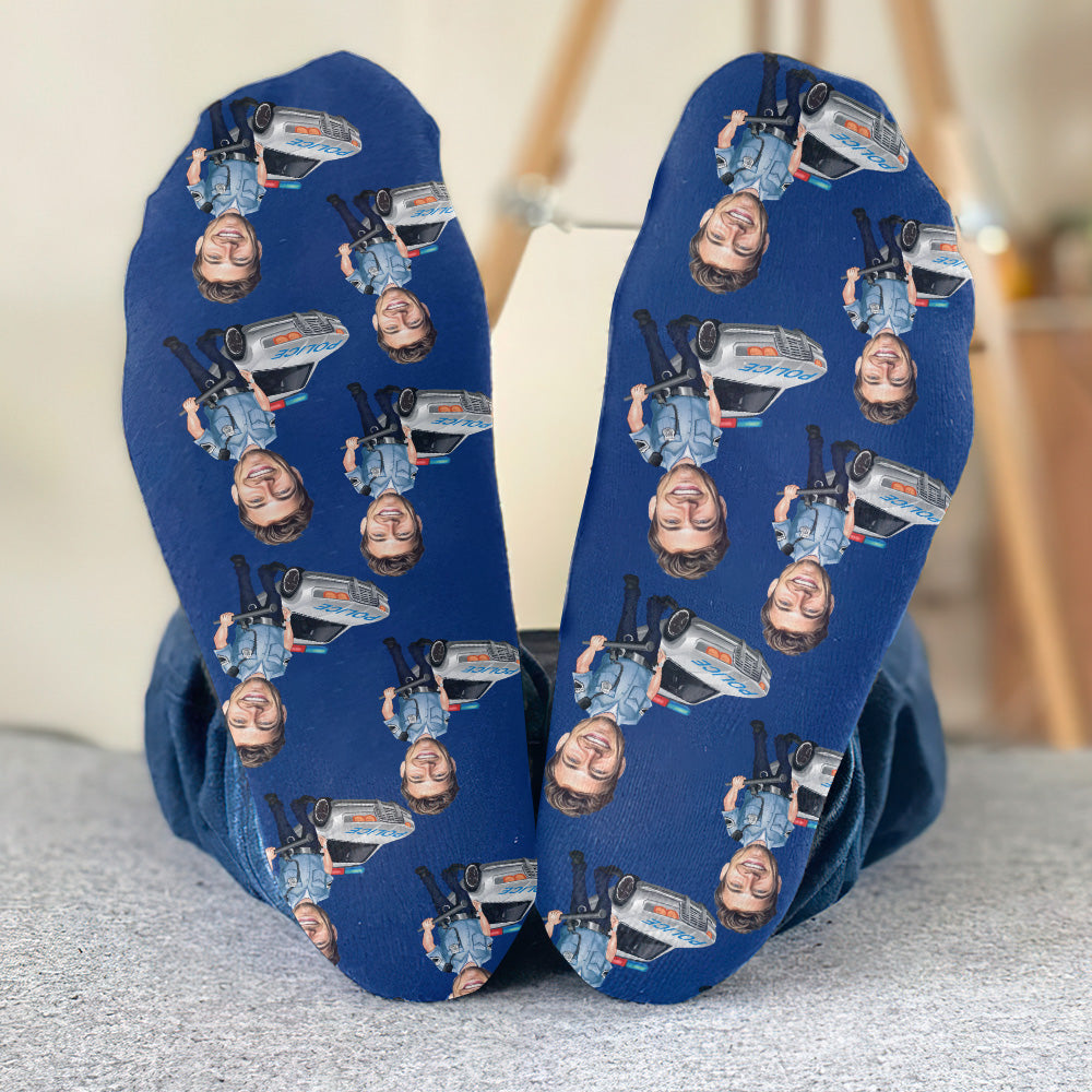 Cartoon-Foto eines Polizisten – Personalisierte Socken mit Polizeimotiv