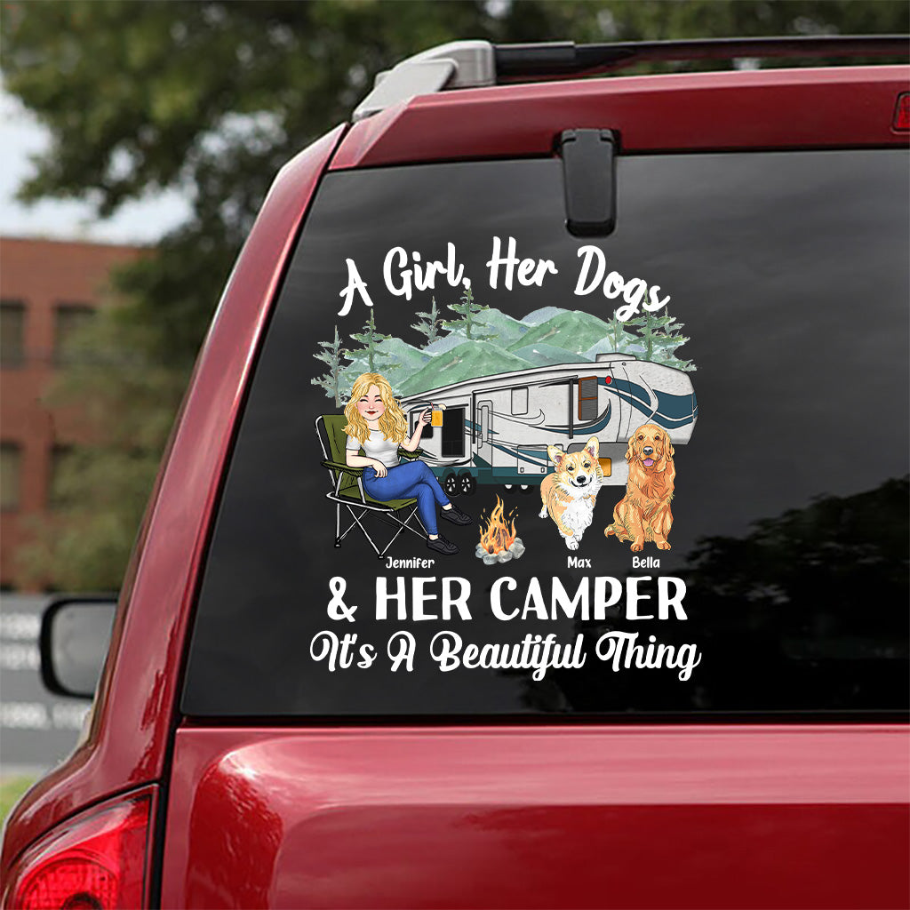 A Girl Her Dog And Her Camper - Personalized Camping Decal Full