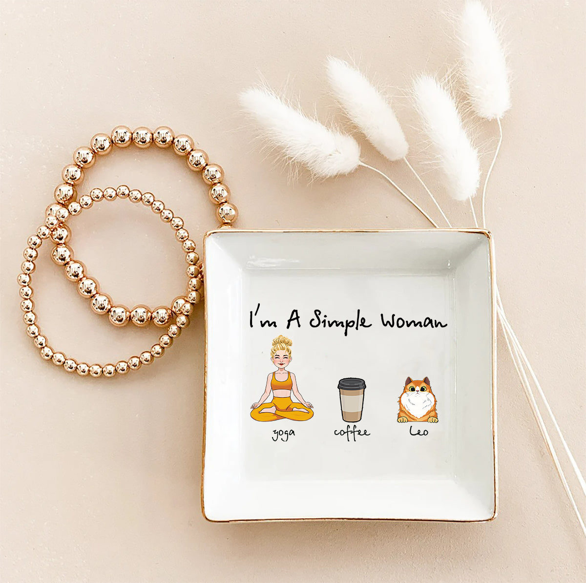 Je suis une femme simple - Cadeau de yoga pour amoureux des chiens et des chats - Porte-bijoux personnalisé