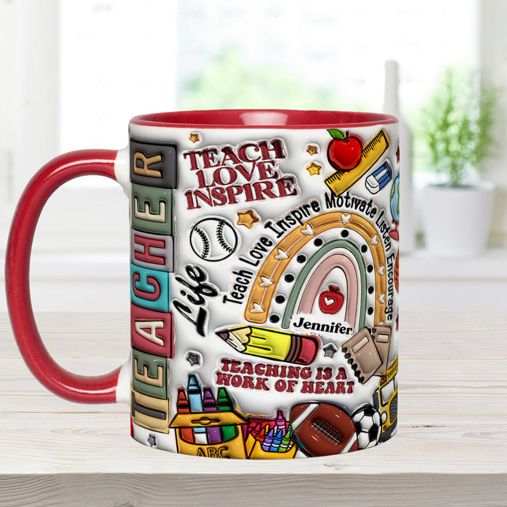 Lehren, Lieben, Inspirieren – Personalisierte Tasse mit Lehrermotiv