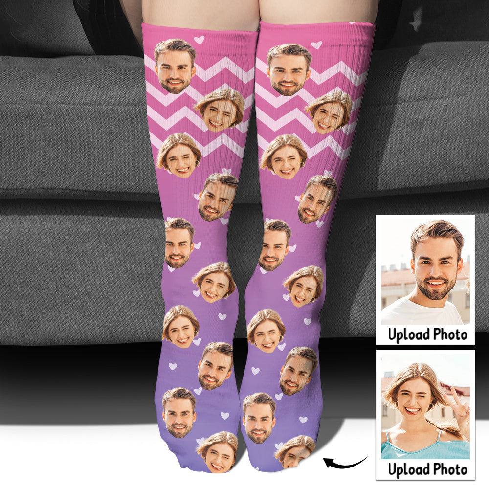 Custom Face Purple Pattern - Personalized Couple Socks