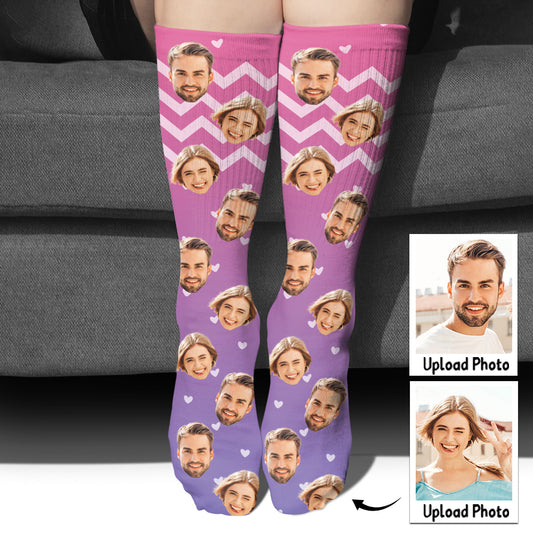 Custom Face Purple Pattern - Personalized Couple Socks