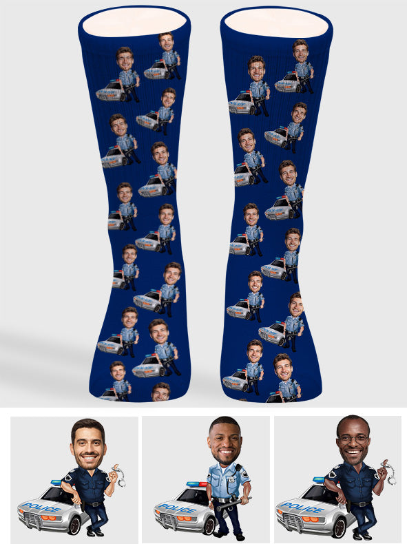 Cartoon-Foto eines Polizisten – Personalisierte Socken mit Polizeimotiv