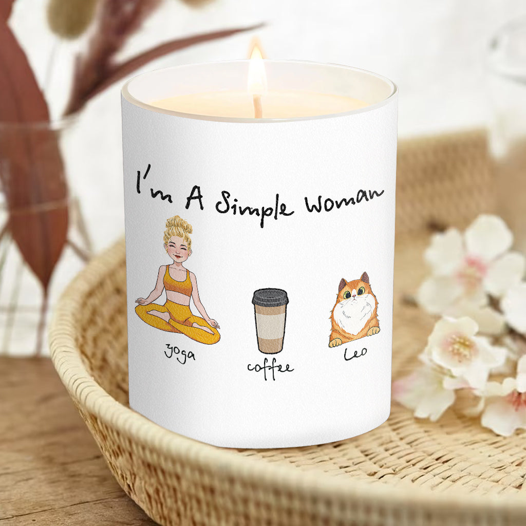 Ich bin eine einfache Frau – Yoga-Geschenk für Hunde- und Katzenliebhaber – Personalisierte Kerze mit Holzdeckel