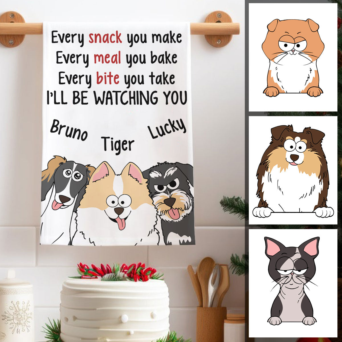 Je vous surveillerai à chaque en-cas que vous préparerez - Cadeau pour les amoureux des chiens et des chats - Serviette personnalisée