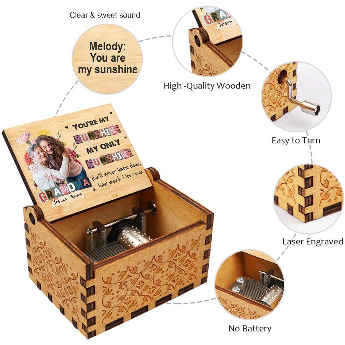 You Are My Sunshine - Gift for mom, grandma - Personalized Hand Crank Music Box