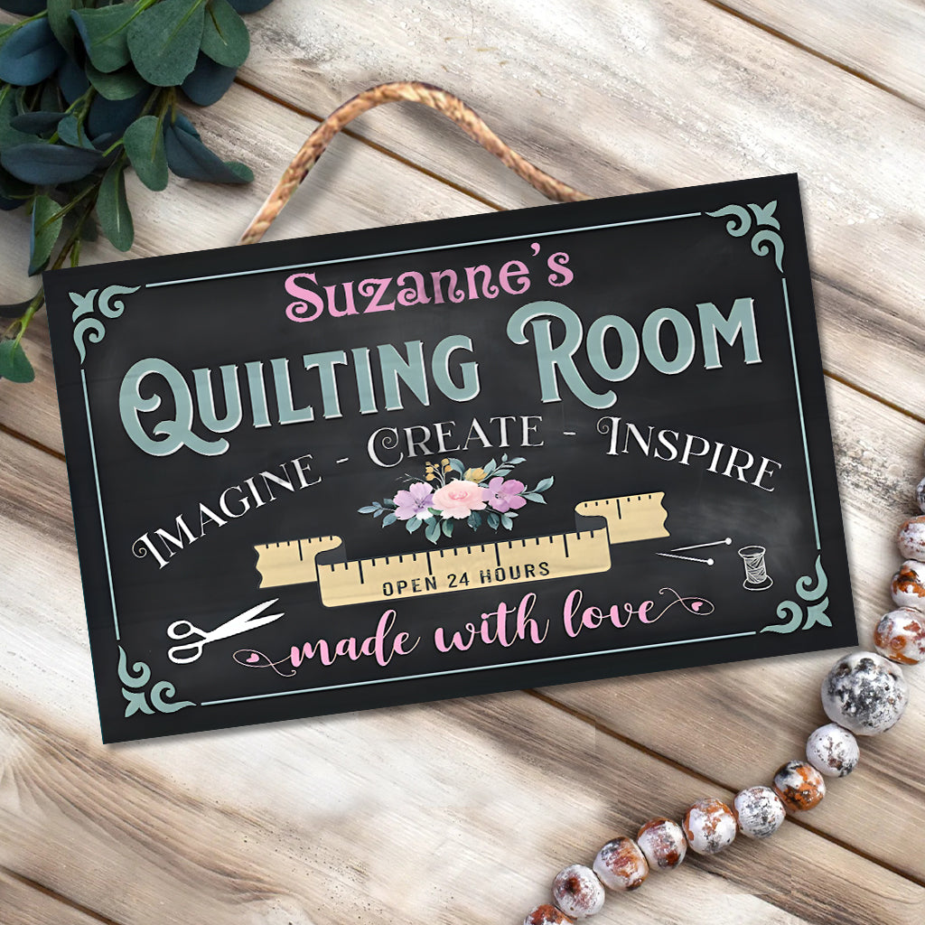 Quiltzimmer – Personalisiertes rechteckiges Holzschild zum Thema Quilten