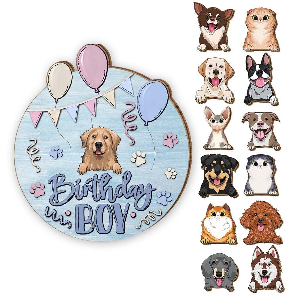 Panneau en bois personnalisable pour anniversaire (garçon/fille, animal de compagnie : chat/chien) - Panneau en bois interchangeable avec motif chien
