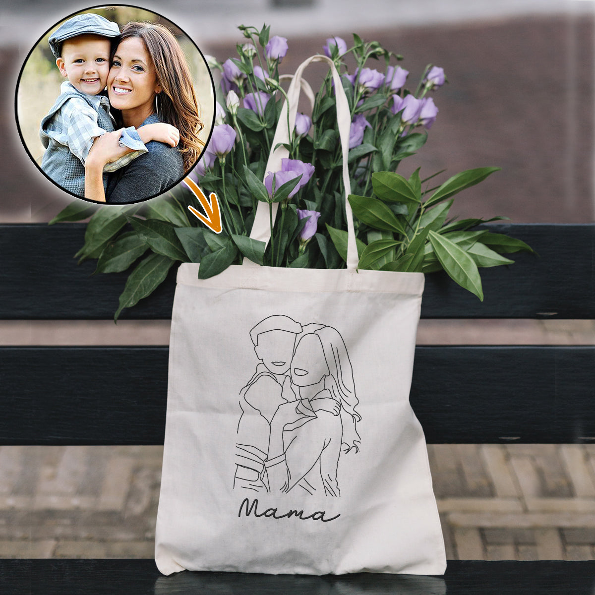 Custom Photo Line Art - Personalized Mother Embroidered Tote Bag