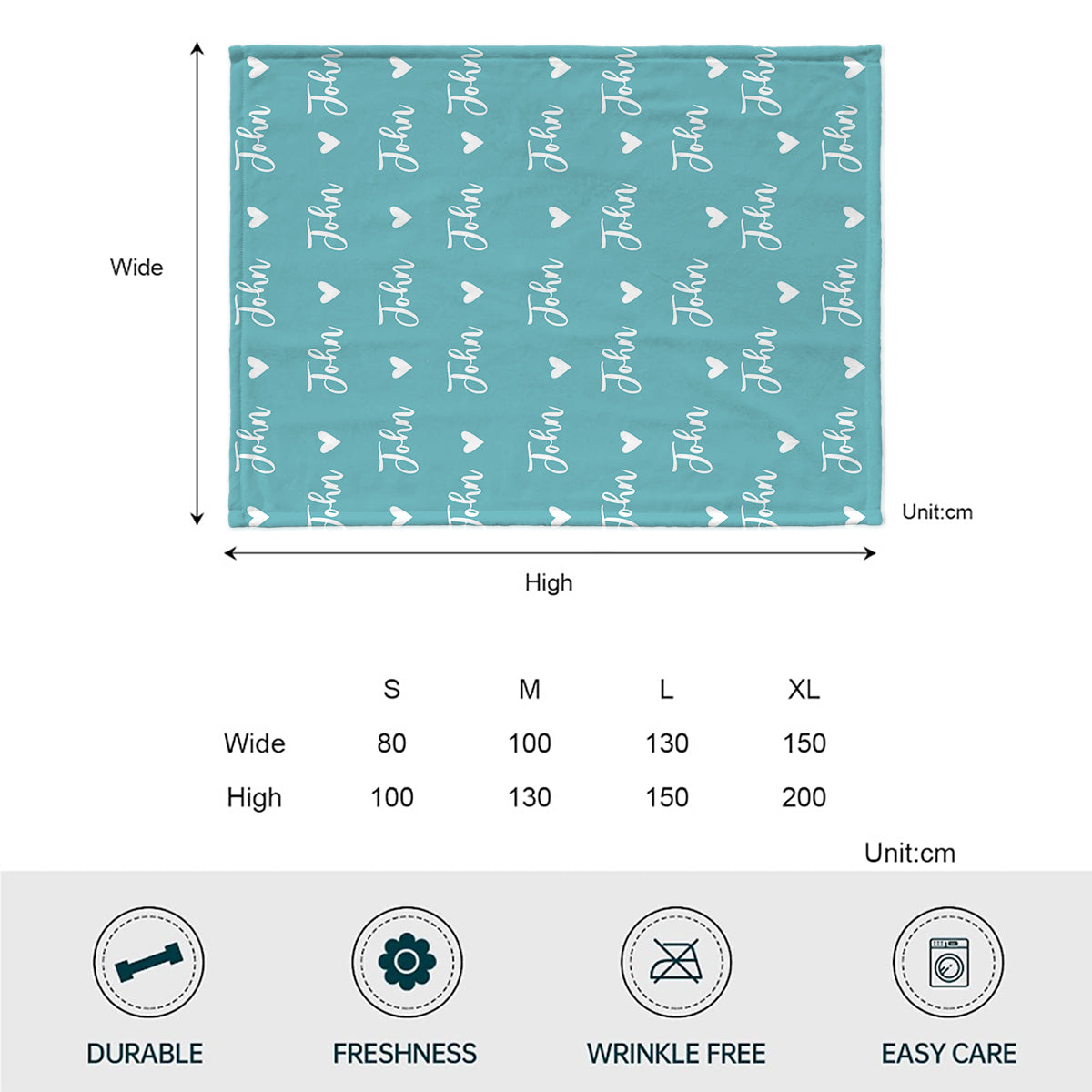 Personalisierte Kinderdecke mit individuellem Namensherzmuster