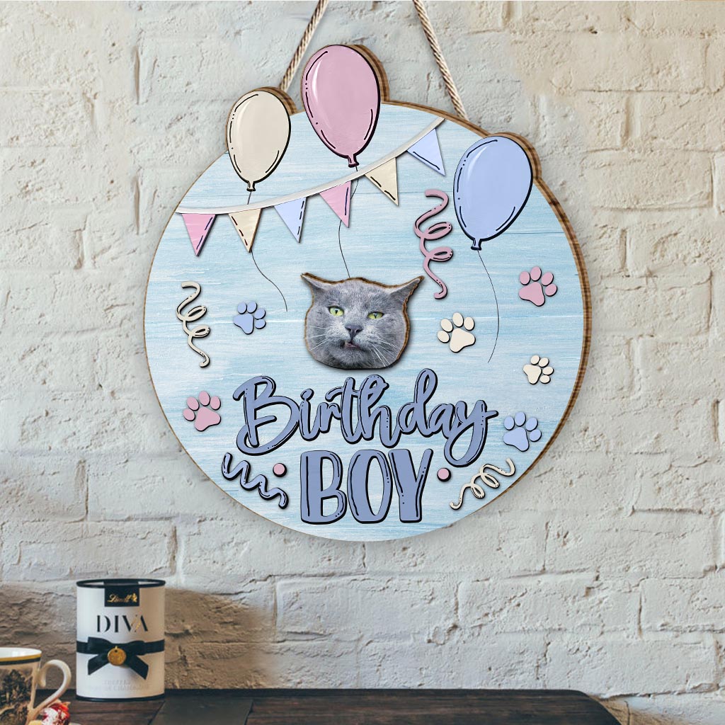Geburtstagskind Haustier Katze Hund - Personalisiertes austauschbares Holzschild mit Katzenmotiv