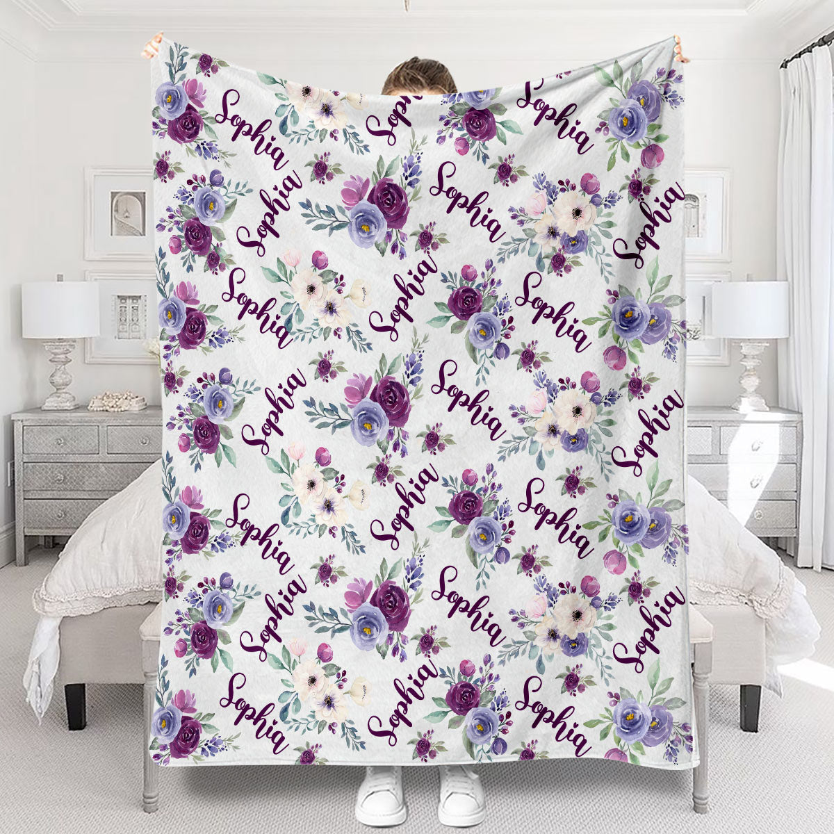 Personalisierte Decke mit lila Blumen und individuellem Namen – Decke für Stiefmütter