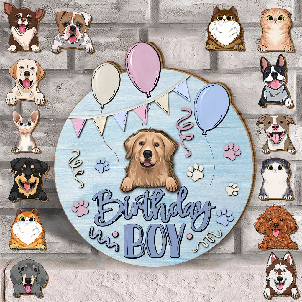 Panneau en bois personnalisable pour anniversaire (garçon/fille, animal de compagnie : chat/chien) - Panneau en bois interchangeable avec motif chien