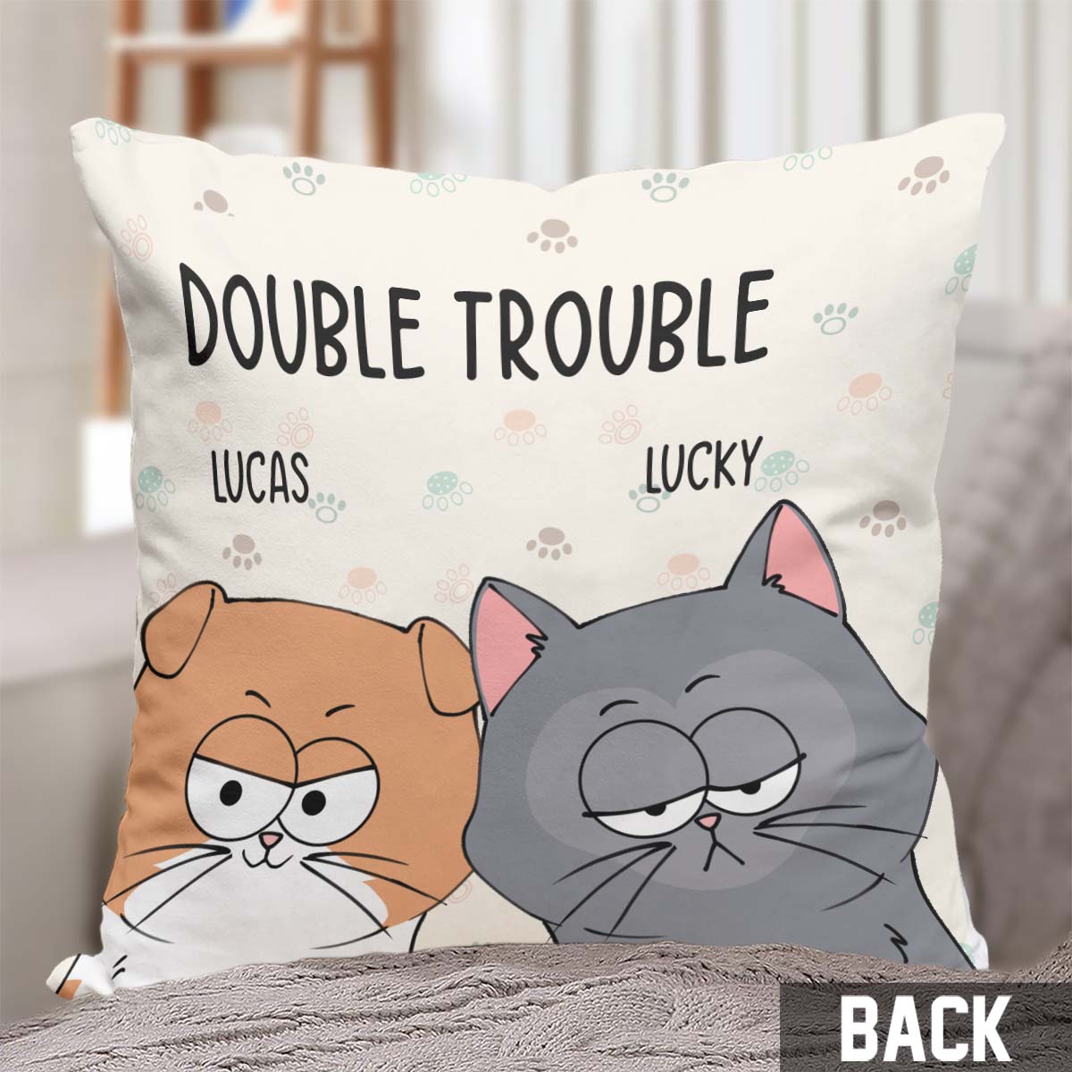 Coussin décoratif personnalisé Double Trouble pour chat