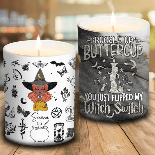 Buckle Up Buttercup - Personalized Witch Candle With Wooden Lid