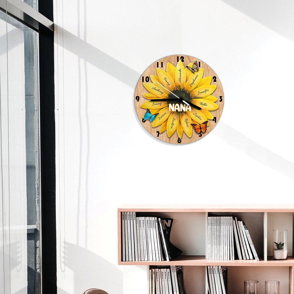 Horloge murale personnalisée « Grand-mère et petits-enfants tournesol »