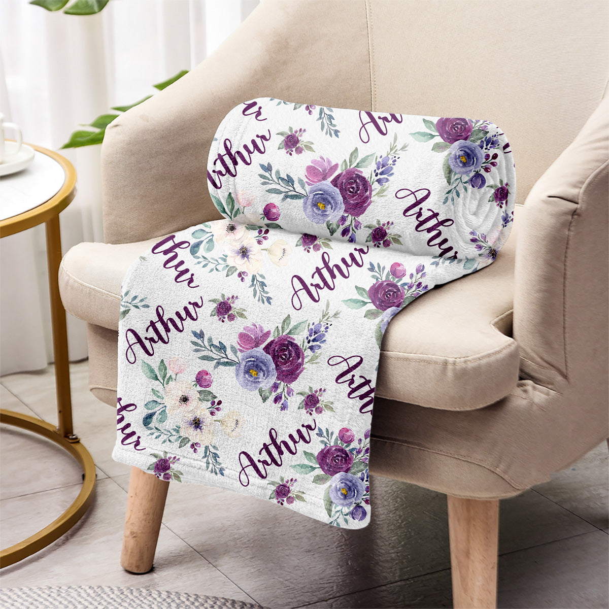 Custom Name Purple Flowers - Personalized grandson Blanket