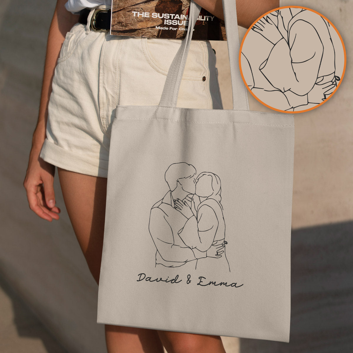 Custom Photo Line Art - Personalized Couple Embroidered Tote Bag