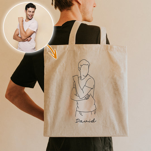 Sac fourre-tout brodé personnalisé avec photo au trait - Sac fourre-tout personnalisé pour petit-fils
