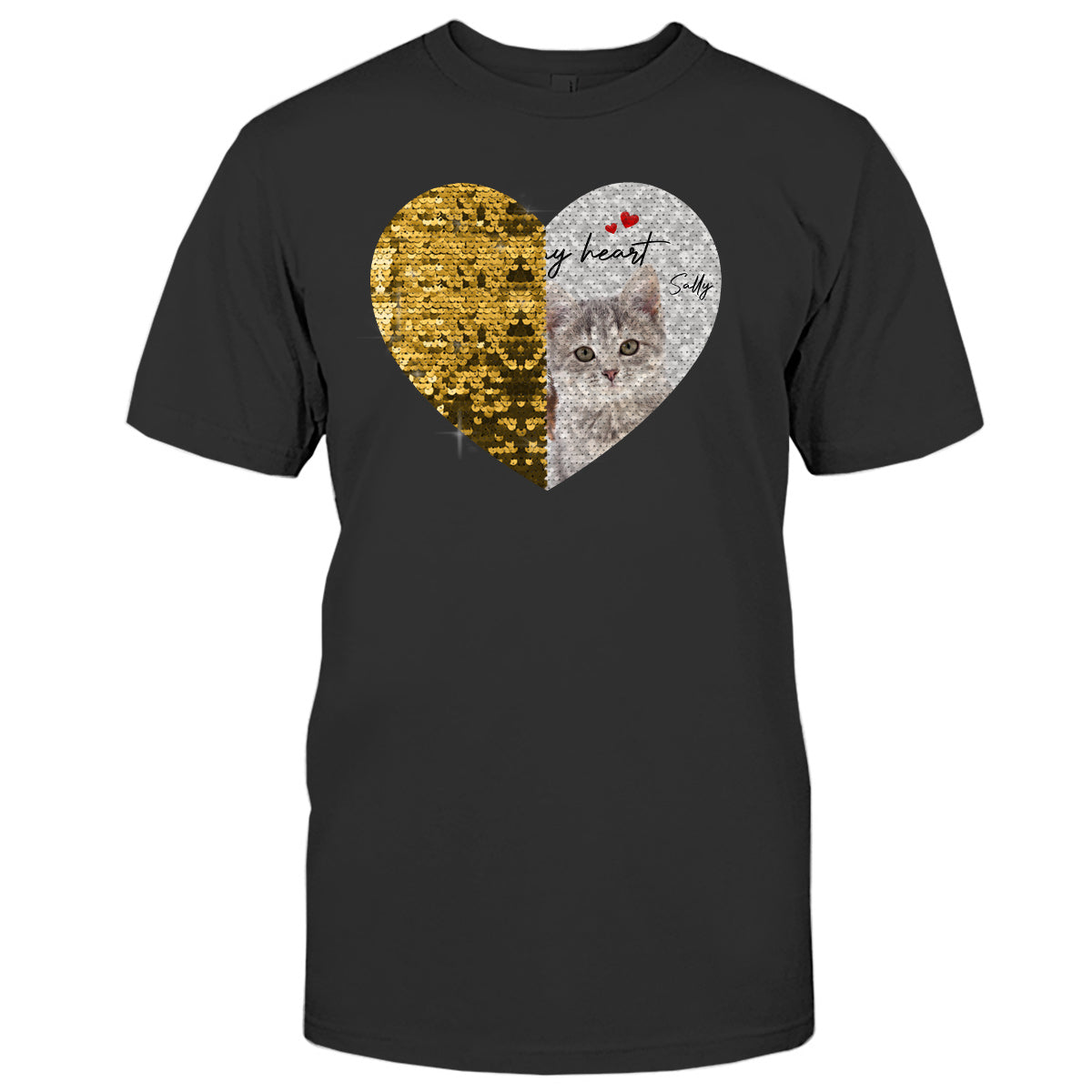 Für immer in meinem Herzen – Personalisiertes Foto von Hund & Katze – Geschenk für Hunde- und Katzenliebhaber – Pailletten-T-Shirt