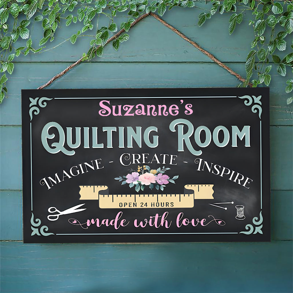 Quiltzimmer – Personalisiertes rechteckiges Holzschild zum Thema Quilten