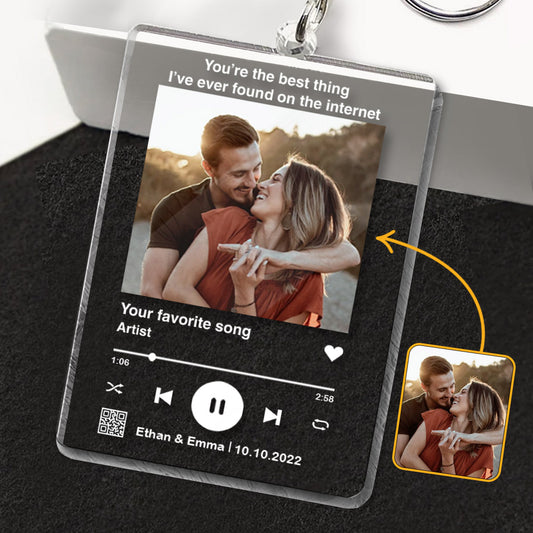 Custom Photo And Favorite Song Scannable QR Code - Personalized Husband And Wife Transparent Keychain