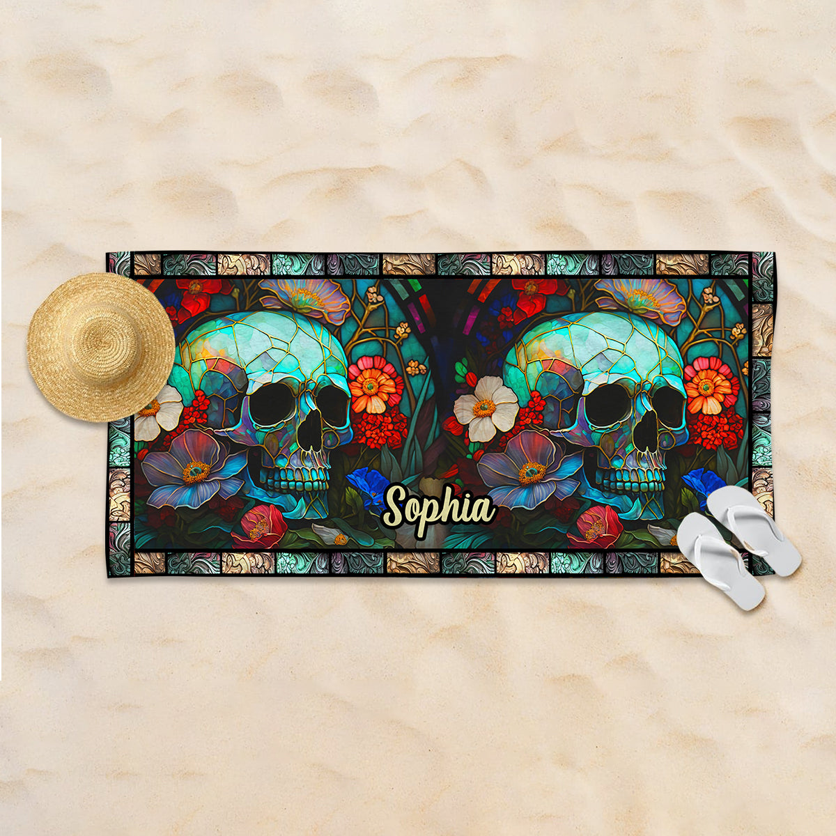 Floral Skull - Personalized Skull Beach Towel