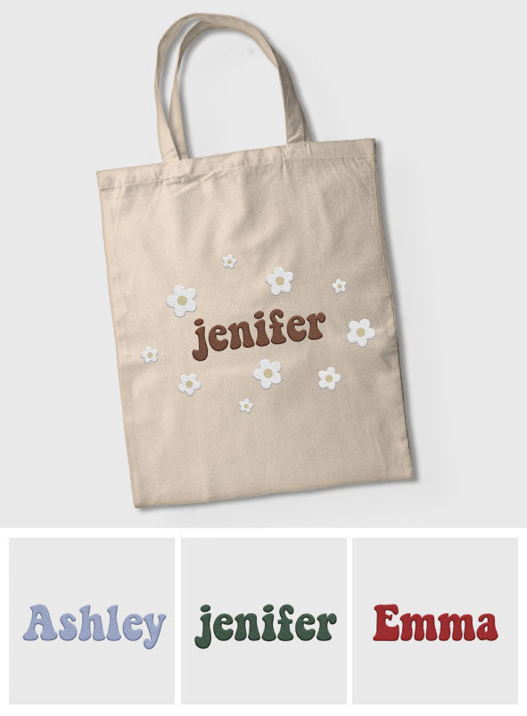 Sac fourre-tout brodé personnalisé avec nom et fleur - Nom personnalisé pour tante