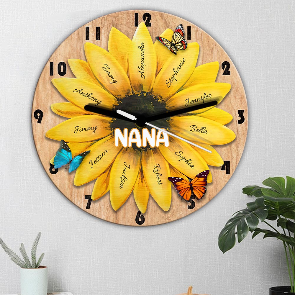Horloge murale personnalisée « Grand-mère et petits-enfants tournesol »