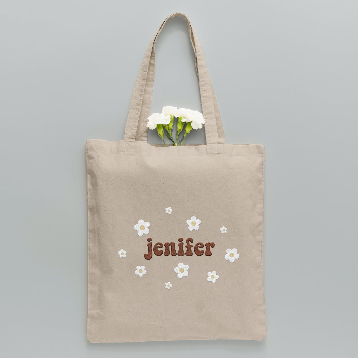 Sac fourre-tout brodé personnalisé avec nom et fleur - Nom personnalisé pour tante